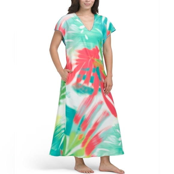 🔹️Natori 🔹️Usami Satin Multicolor Tropical Print Caftan - Picture 1 of 4